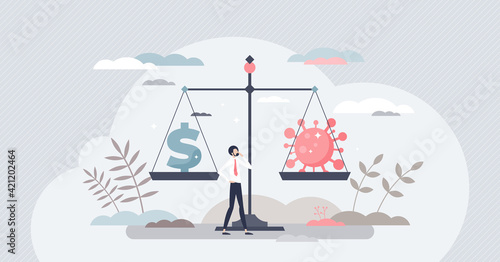 Virus versus economy as pandemic financial crisis choice tiny person concept