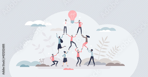 Teamwork success as team pyramid to innovative results tiny person concept