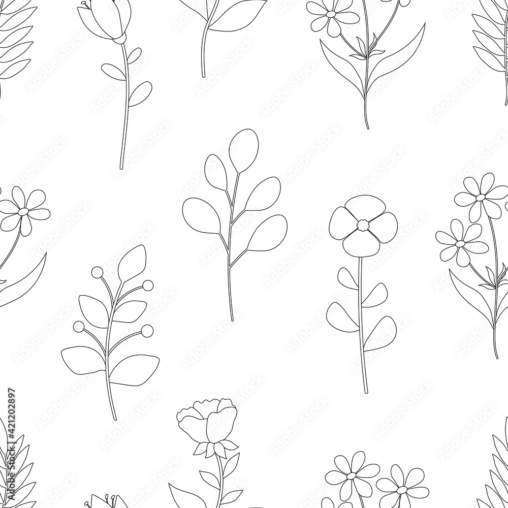 Seamless pattern spring black and white colors plants flowers leaves vector illustration	