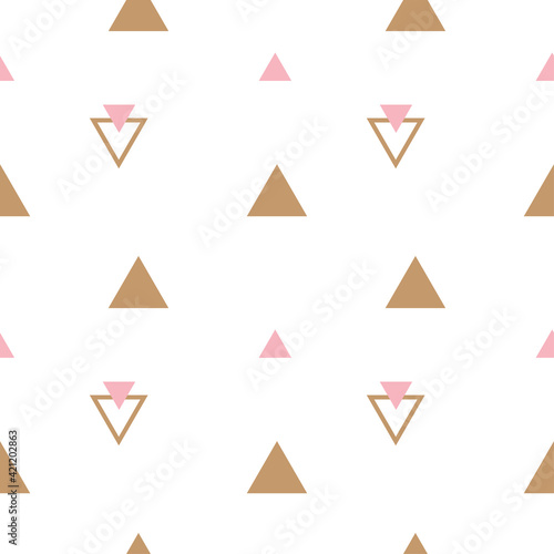 Abstract geometrical seamless scandinavian pattern. Vector triangle ornament with orange and black colors. Simple texture for nordic baby wallpaper, fills, web page background