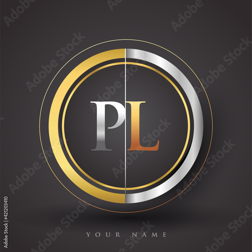 PL Letter logo in a circle, gold and silver colored. Vector design template elements for your business or company identity.