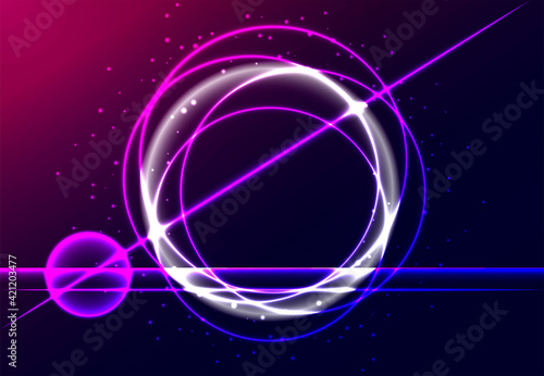 Abstract glowing circles and lines on a dark purple background.