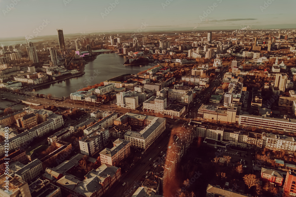 A top view of the city of Yekaterinburg, Russia, shot on a bright sunny day.