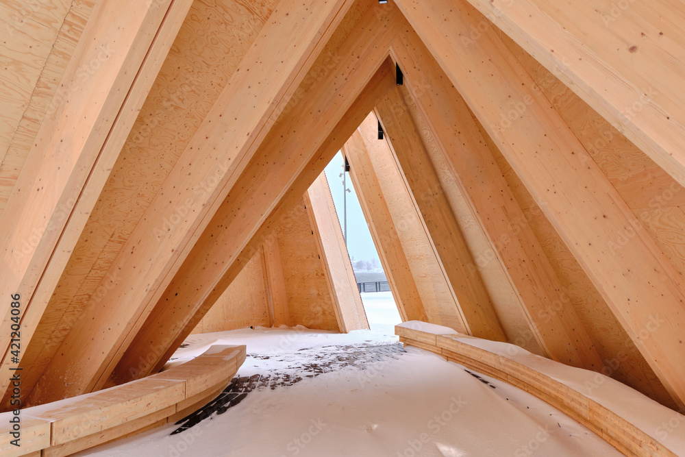 Helsinki, Finland - November 24, 2020: Interior of the Helsinki Biennale pavilion on Lübeck Pier. Modern wooden Nordic architecture.