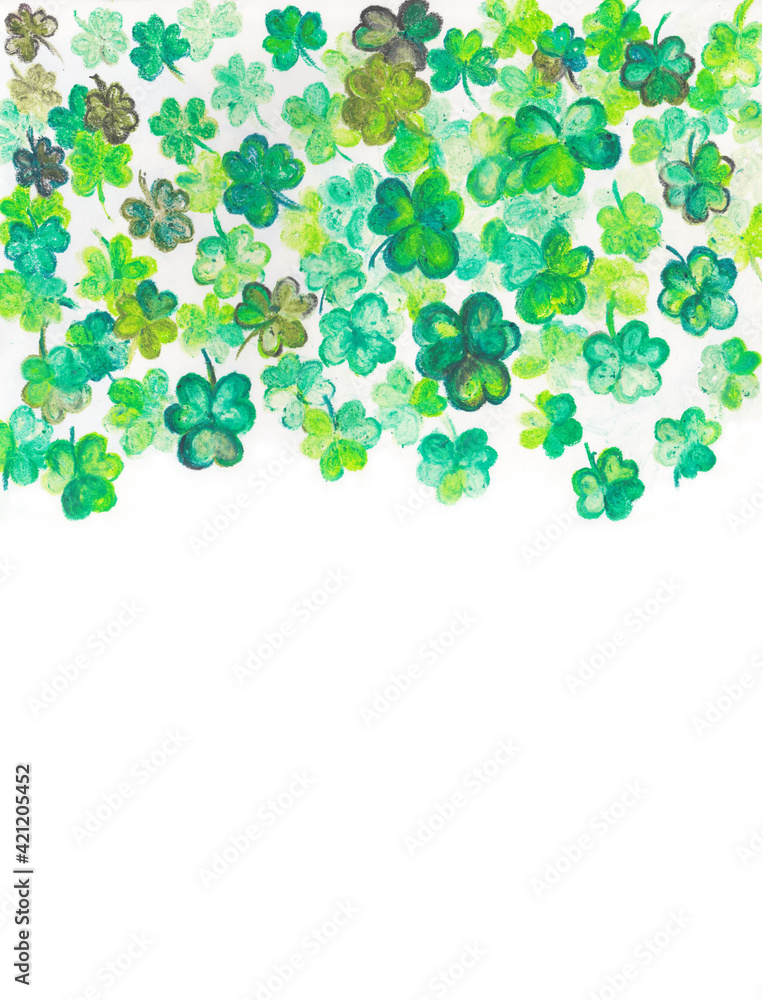 St Patricks day background of falling clover leaves made with oil pastels St Patricks day background of falling clover leaves made with oil pastels