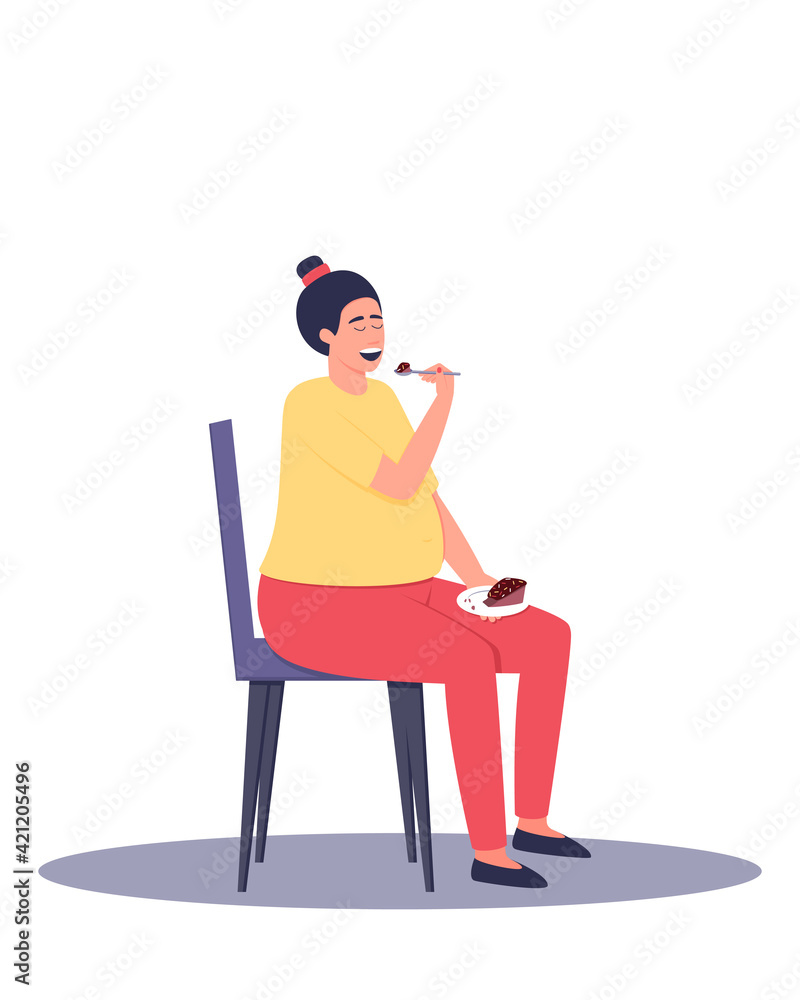 A pregnant woman is enjoying a dessert. A pregnant woman sits on a chair and eats a cake. It is impossible to deny yourself the pleasure. Flat vector illustration. A pregnant woman is enjoying a dessert. A pregnant woman sits on a chair and eats a cake. It is impossible to deny yourself the pleasure. Flat vector illustration.