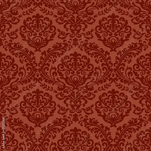 Damask seamless vector pattern. Classic vintage damask ornament, royal victorian geometric seamless pattern for wallpaper, textile, packaging. Floral baroque pattern, red background 