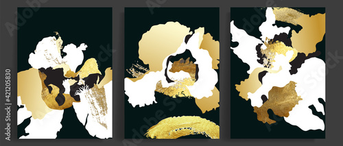Dark gold abstract art background with orchids flowers. Luxury golden floral wallpaper design for prints, cover and home decor.