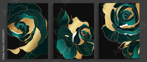 Luxury gold and dark green rose abstract line art background vector. Wall art design with emerald and gold texture. Vector illustration 