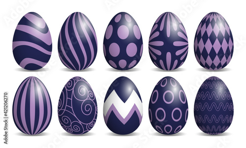 Set of purple and violet easter eggs isolated on white