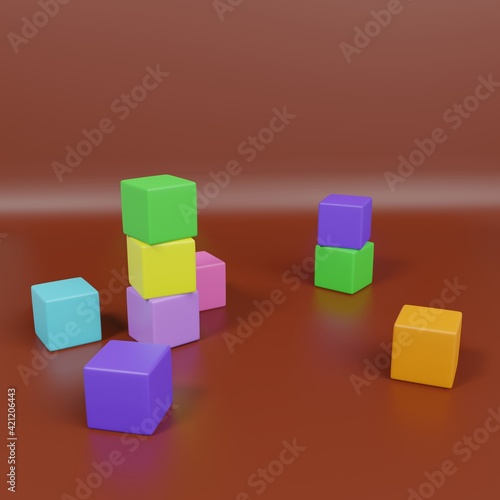 Colorful building blocks 3d illustration on brown background