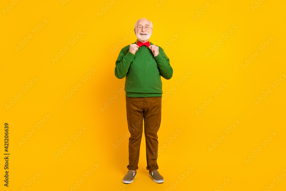 Full length photo of confident handsome mature man dressed pullover arms bow tie glasses smiling isolated yellow color background Full length photo of confident handsome mature man dressed pullover arms bow tie glasses smiling isolated yellow color background