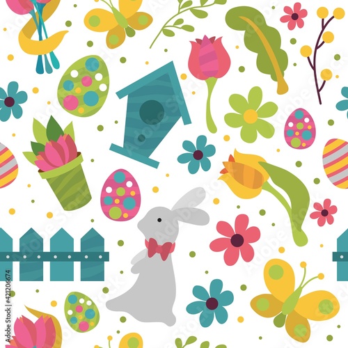 Happy easter. Seamless pattern for the holiday. Rabbit, Easter eggs, flowers, pussy willow, mimosa. Spring, a religious holiday. Easter poster and banner template for Easter. Template for promotion.