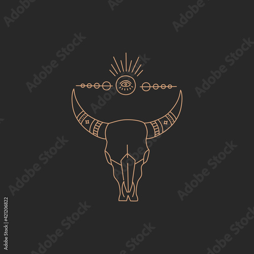 Magic bull skull, geometric shape gold simple contour line in boho style on black background, modern trendy hand drawn vector witch symbol and mystic design element, doodle flat shape illustration