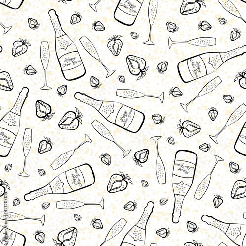 Champagne and strawberry Happy New Year text vector seamless pattern background. Script lettering, fizzing glasses,bottles, strawberries on pastel gold white terrazzo confetti backdrop. Party repeat