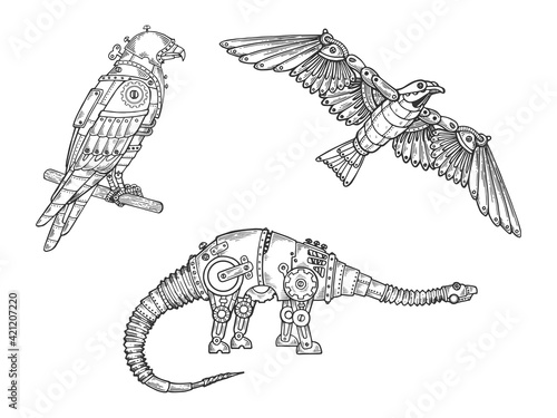 Mechanical animal set eagle dinosaur hawk bird sketch engraving vector illustration. T-shirt apparel print design. Scratch board imitation. Black and white hand drawn image.