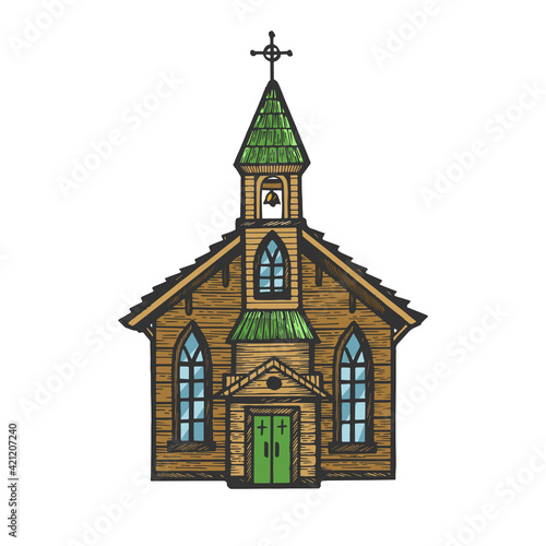 Old wooden church chapel color sketch engraving vector illustration. Scratch board style imitation. Hand drawn image.