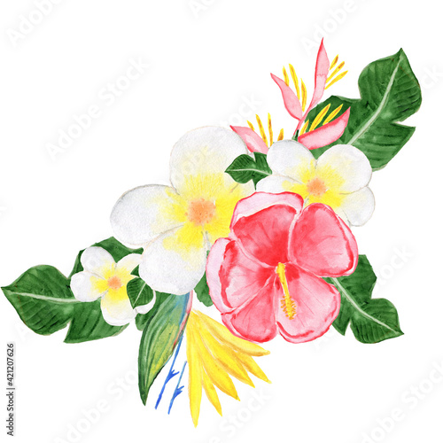 Watercolor tropical composition. A bouquet of flowers and leaves. Hawaiian vivid illustration.
