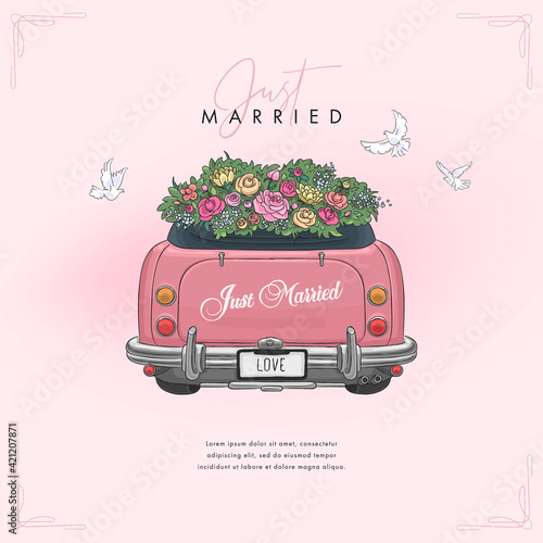Hand drawn wedding car. Colorful wedding background for invitations, greeting cards, flyers and covers. Vector illustration
