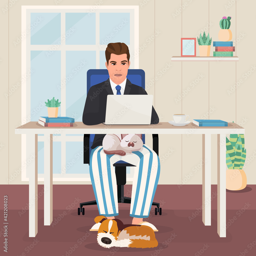 Man working from home with laptop wearing shirt, tie and pajama pants. Vector illustration. Man working from home with laptop wearing shirt, tie and pajama pants. Vector illustration.