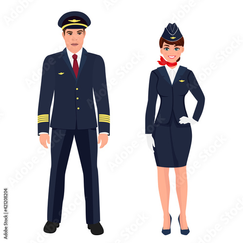 Airline crew, stewardess and pilot. Officer and flight attendant. Professions stewardess and pilot. Vector illustration