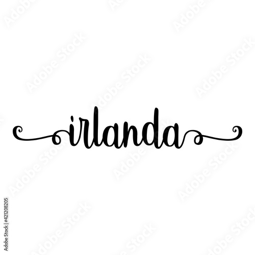 Banner con texto manuscrito irlanda en español escrito a mano con florituras en color negro