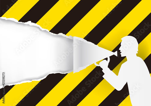 Man with megaphone tearing under Construction sign paper background. 
Illustration of ripped paper with black and yellow stripes, place for your image or text. Expressive Banner template. 