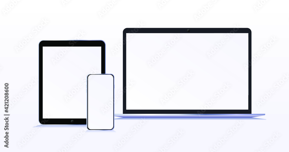 Modern devices with blank screens. Laptop smartphone and tablet mockup with blank screen isolated on background. Concept. Vector illustration
Modern devices with blank screens. Laptop smartphone and tablet mockup with blank screen isolated on background. Concept. Vector illustration