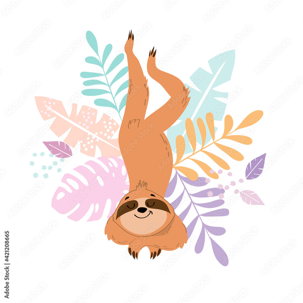 Funny sloth in yoga pose and tropical leaves on a white background