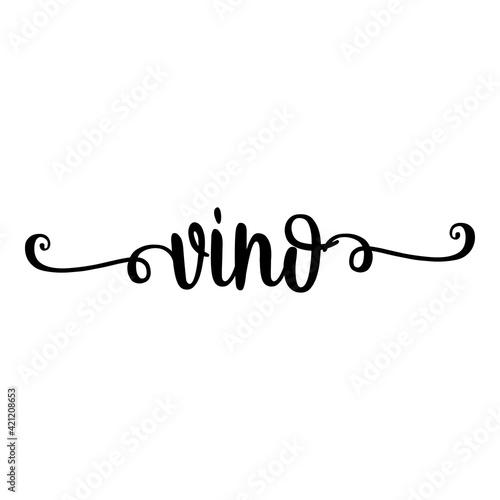 Banner con texto manuscrito vino en español escrito a mano con florituras en color negro