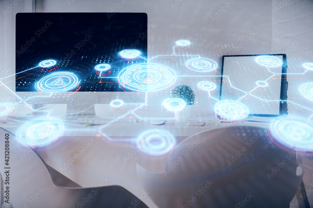 Double exposure of social network theme drawing and office interior background. Concept of web. Double exposure of social network theme drawing and office interior background. Concept of web.