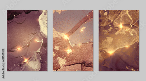 Set of marble patterns. Burgundy and gold geode textures with glitter