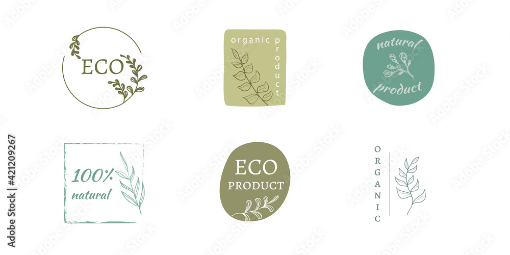 Vector Set of hand drawn logos and emblems of organic food, natural products, advertising badge collection, promotion of organic products, healthy lifestyle. Isolated on white background