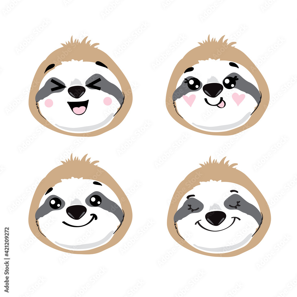 Funny face sloth in kawaii style on a white background