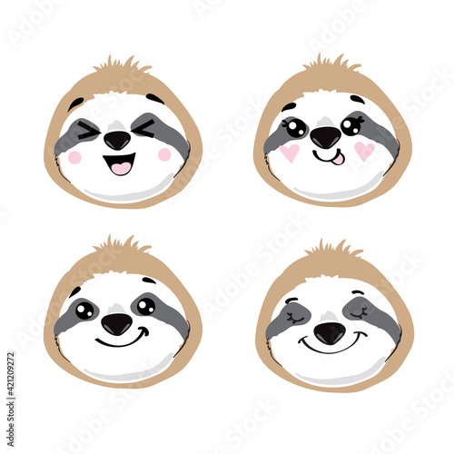Funny face sloth in kawaii style on a white background