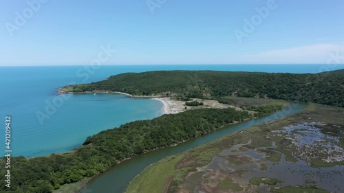 Wallpaper Mural Drone flight above a river that passes by a dense green forest, a wild sandy beach and flows into the sea. Aerial view of the mouth of Ropotamo river in Ropotamo Natural Reserve, Bulgaria. Torontodigital.ca