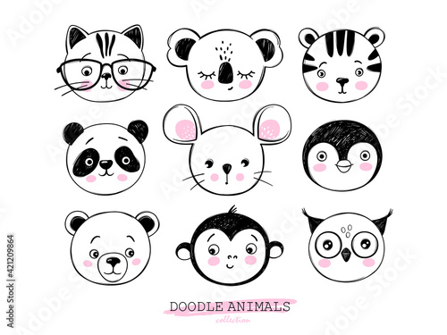 Doodle animals head vector set. Owl, cat, tiger, panda, bear, monkey, mouse, penguin, koala faces in sketch style. Funny faces. Cute children's illustrations