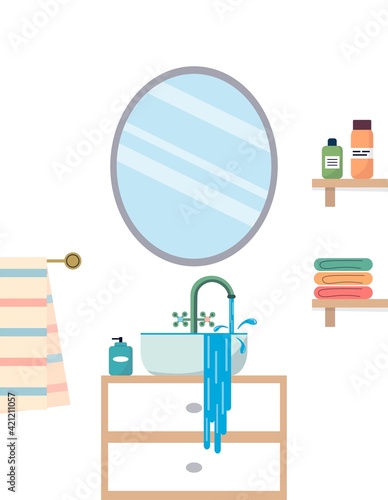 Bathroom interior with sink and mirror. Blockage, water is leaking out of the sink. Vector illustration in flat style on white isolated background.