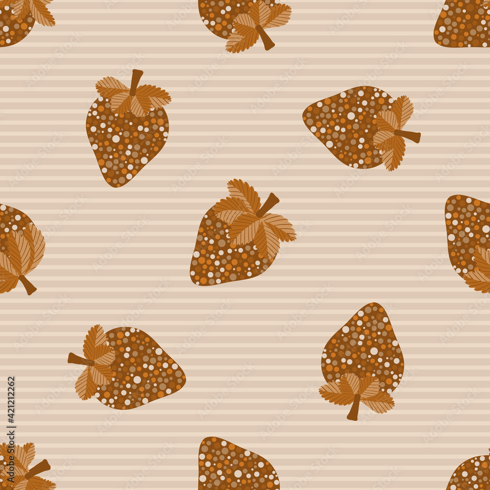 Ripe strawberry seamless vector pattern background. Hand drawn bubble textured berries on striped backdrop. Monochrome ochre organic garden fruit repeat for healthy or farm food summer concept Ripe strawberry seamless vector pattern background. Hand drawn bubble textured berries on striped backdrop. Monochrome ochre organic garden fruit repeat for healthy or farm food summer concept