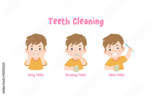3 steps a boy cleaning his teeth with toothbrush by brushing teeth. illustration vector on white background.