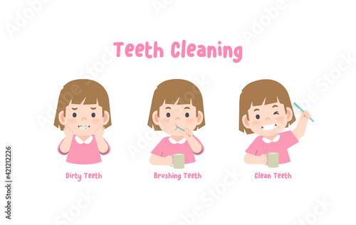 3 steps a girl cleaning his teeth with toothbrush by brushing teeth. illustration vector on white background.