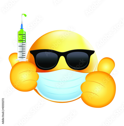 High quality emoticon on white background. Sunglass Emoji with Vaccine syringe. Face With Medical Mask and covid vaccine emoji. Mask emoji. Medical Mask emoticon. Sunglasses Emoji.
