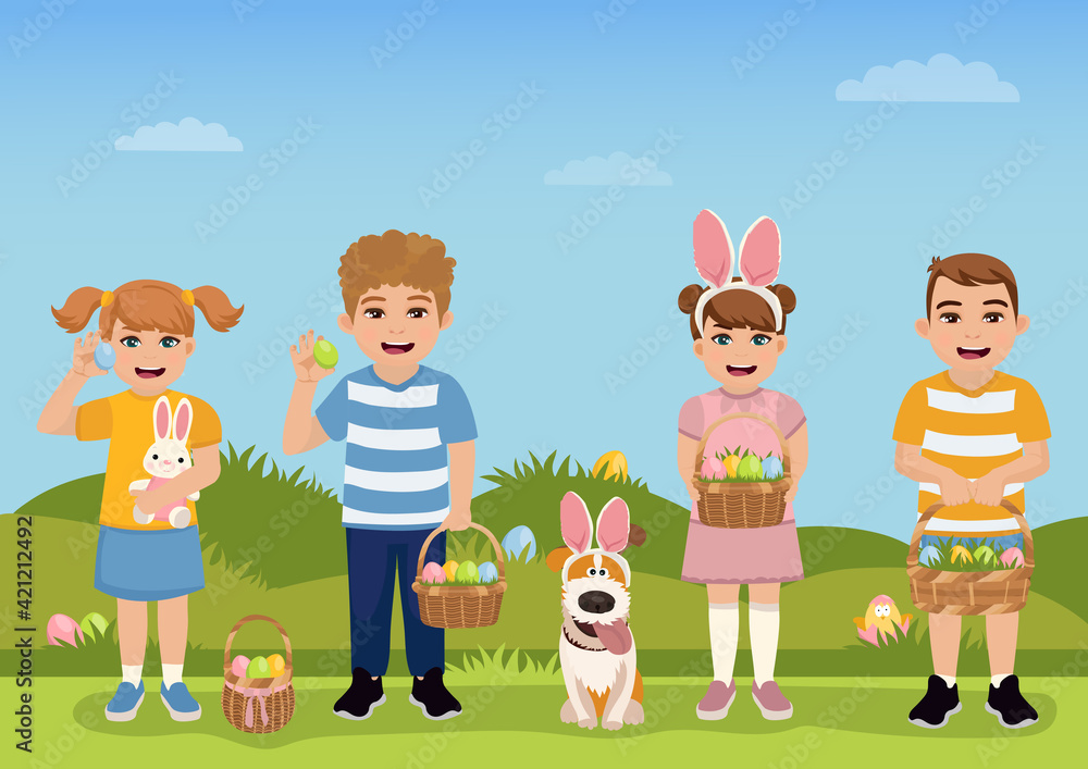 Happy easter. Children with baskets full of eggs. A boy and a girl. Vector illustration.
