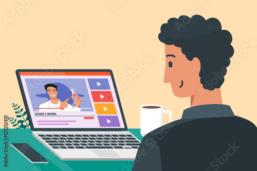 Young Man Learn Online Study by Watching Course or Tutorial Video Flat Vector Illustration. Can be Used for Digital and Printable Infographic. 