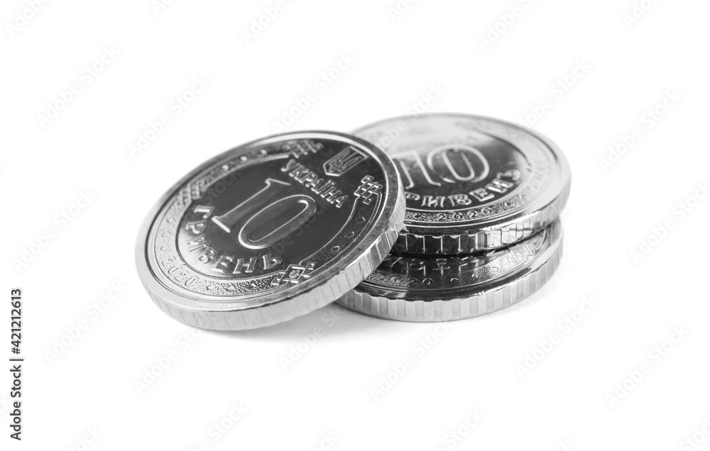 Ukrainian coins isolated on white. National currency Ukrainian coins isolated on white. National currency