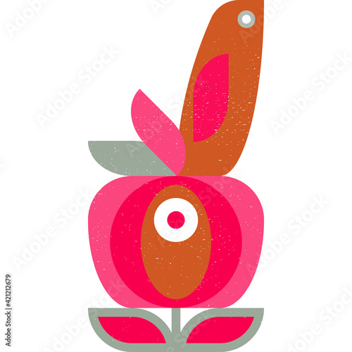 Abstract geometric retro inspired vector seamless pattern.Stylized bird, leaves and flowers in pastel colors. Simple background in traditional decorative folk art scandinavian style.Isolated texture