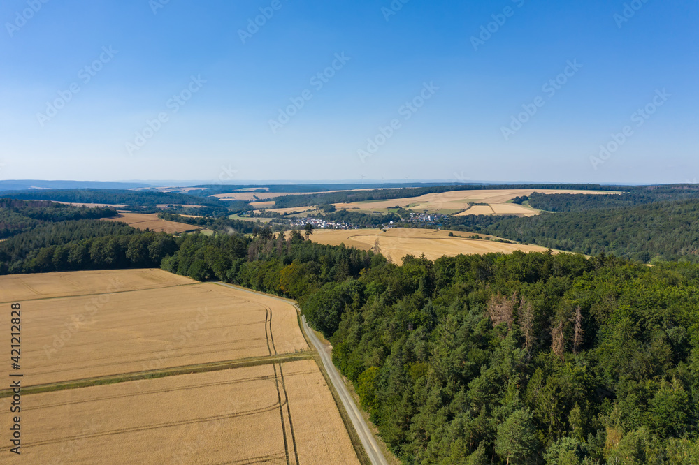 Bird's eye view of forests and fields in the Taunus / Germany 