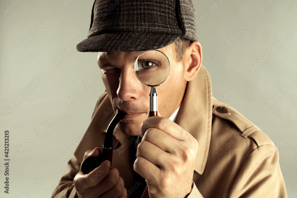 Ταπετσαρία Male detective with smoking pipe looking through magnifying glass on grey backgr