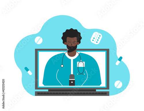 Vector flat concept. Online consultation and diagnostic by doctor. Video call on computer. African American man dressed in medical gown. Distant diagnostic from physician helping choose of drugs