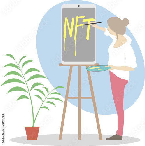 Girl draws on screen mobile phone nft. Contemporary virtual art. Painting on Internet